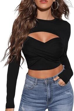 NWT Verdusa Cut Out Long Sleeve Cross Wrap Crop Tee Shirt Top Size X Large